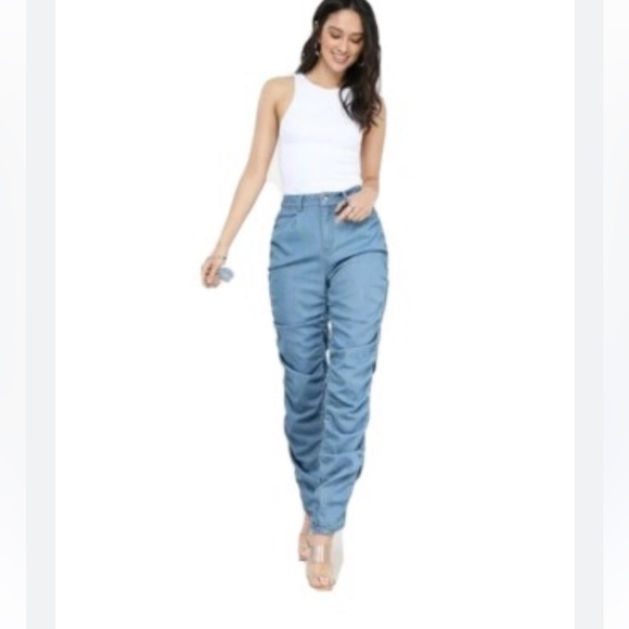 Labijou Boujee Chic Ruche Sides Scrunched Jeans Womens M Medium Blue Stacked - Picture 7 of 16